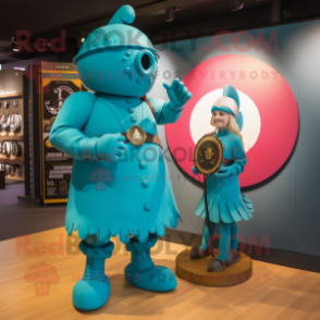 Turquoise Soldier mascot costume character dressed with a Circle Skirt and Watches