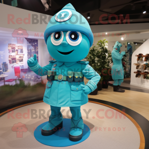 Turquoise Soldier mascot costume character dressed with a Circle Skirt and Watches