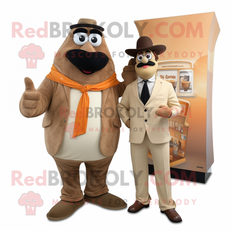 Tan Moussaka mascot costume character dressed with a Suit and Watches Tan Moussaka mascot costume character dressed with a Suit and Watches