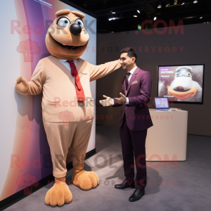 Tan Moussaka mascot costume character dressed with a Suit and Watches