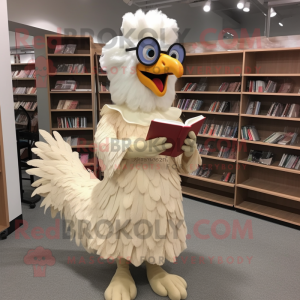 Beige Rooster mascot costume character dressed with a Ball Gown and Reading glasses