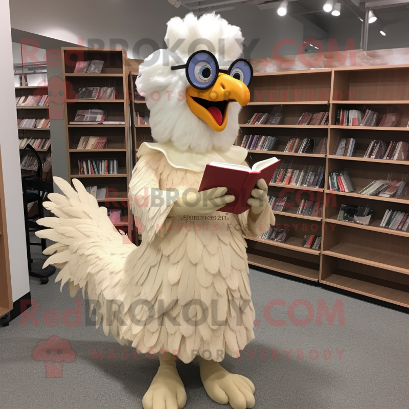 Beige Rooster mascot costume character dressed with a Ball Gown and Reading glasses Beige Rooster mascot costume character dressed with a Ball Gown and Reading glasses
