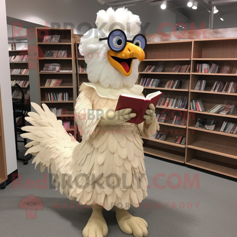 Beige Rooster mascot costume character dressed with a Ball Gown and Reading glasses