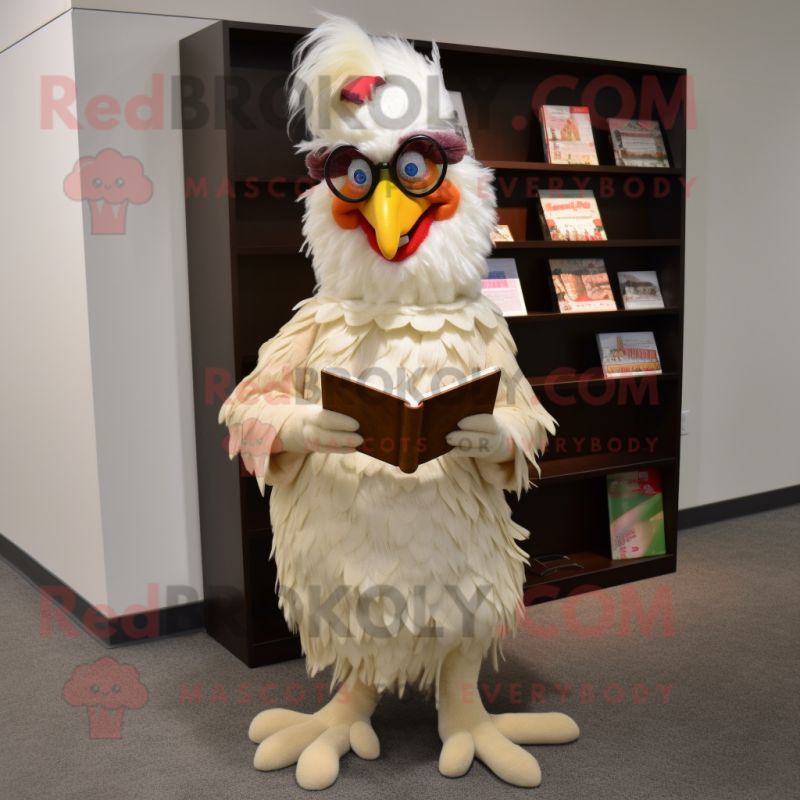 Beige Rooster mascot costume character dressed with a Ball Gown and Reading glasses