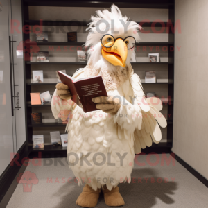 Beige Rooster mascot costume character dressed with a Ball Gown and Reading glasses
