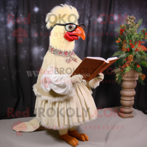 Beige Rooster mascot costume character dressed with a Ball Gown and Reading glasses