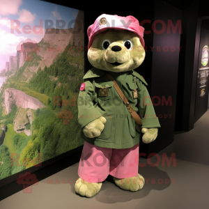 Pink Green Beret mascot costume character dressed with a Romper and Shawl pins