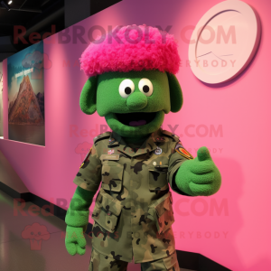 Pink Green Beret mascot costume character dressed with a Romper and Shawl pins