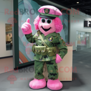 Pink Green Beret mascot costume character dressed with a Romper and Shawl pins