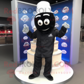 Black Wedding Cake mascot costume character dressed with a Sweatshirt and Caps