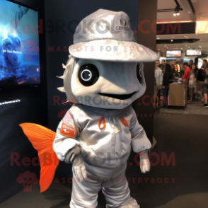 Silver Goldfish mascot costume character dressed with a Bodysuit and Hats