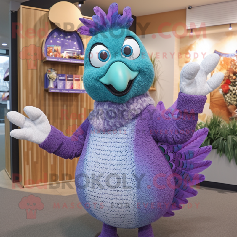 Lavender Peacock mascot costume character dressed with a Sweater and Mittens