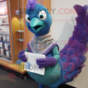 Lavender Peacock mascot costume character dressed with a Sweater and Mittens
