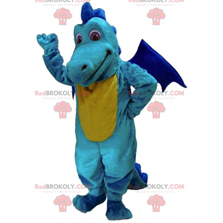 Mascota del dragón amarillo y azul, traje de dragón colorido -