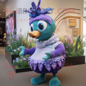 Lavender Peacock mascot costume character dressed with a Sweater and Mittens