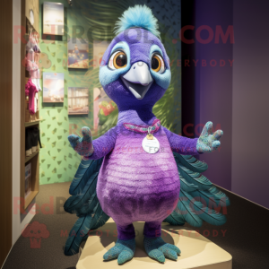 Lavender Peacock mascot costume character dressed with a Sweater and Mittens