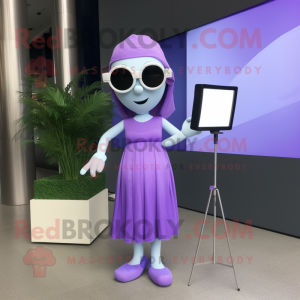Lavender Television mascot costume character dressed with a A-Line Dress and Sunglasses
