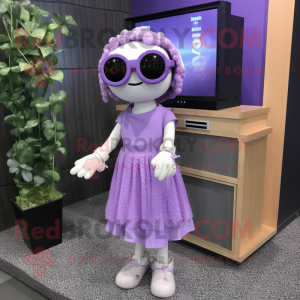 Lavender Television mascot costume character dressed with a A-Line Dress and Sunglasses