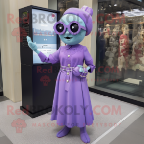 Lavender Television mascot costume character dressed with a A-Line Dress and Sunglasses