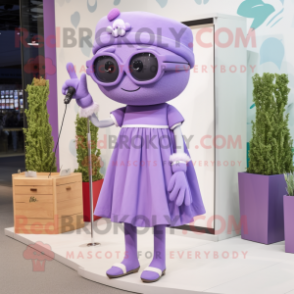 Lavender Television mascot costume character dressed with a A-Line Dress and Sunglasses