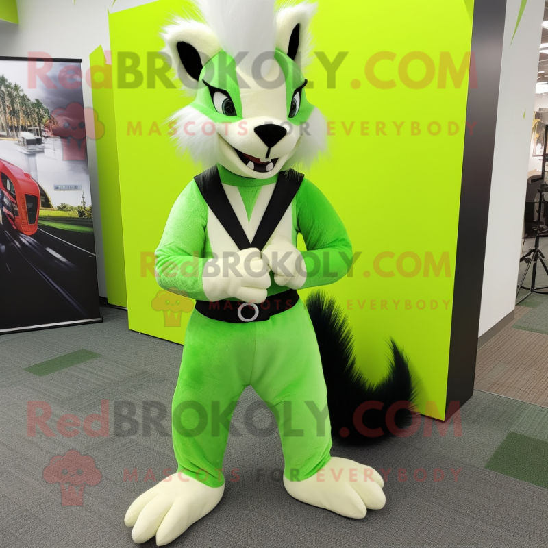 Lime Green Skunk mascot costume character dressed with a Dress Pants and Earrings