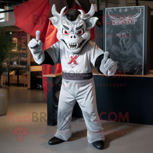 Silver Devil mascot costume character dressed with a Baseball Tee and Wraps