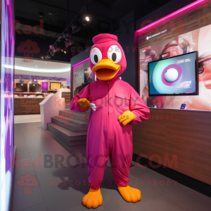 Magenta Duck mascot costume character dressed with a Jumpsuit and Smartwatches