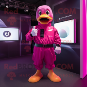 Magenta Duck mascot costume character dressed with a Jumpsuit and Smartwatches