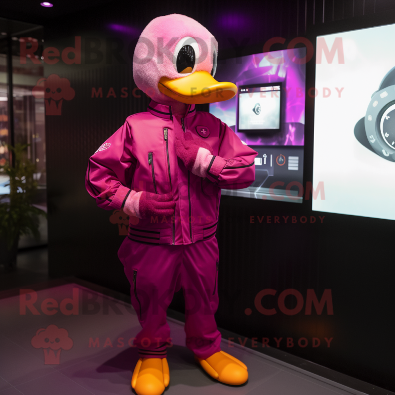 Magenta Duck mascot costume character dressed with a Jumpsuit and Smartwatches