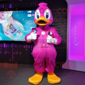 Magenta Duck mascot costume character dressed with a Jumpsuit and Smartwatches
