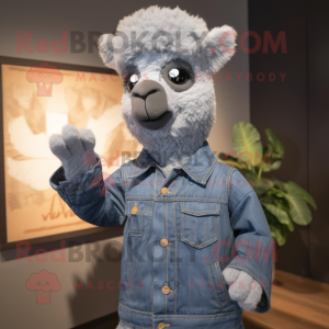 Gray Alpaca mascot costume character dressed with a Denim Shirt and Mittens