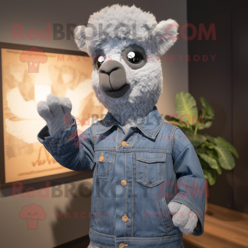 Gray Alpaca mascot costume character dressed with a Denim Shirt and Mittens Gray Alpaca mascot costume character dressed with a Denim Shirt and Mittens