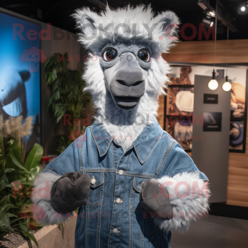 Gray Alpaca mascot costume character dressed with a Denim Shirt and Mittens