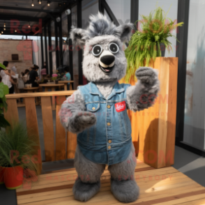 Gray Alpaca mascot costume character dressed with a Denim Shirt and Mittens