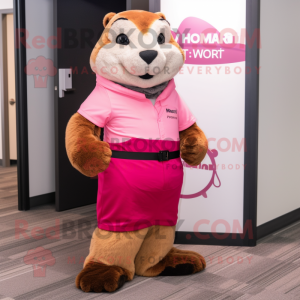 Pink Marmot mascot costume character dressed with a Dress Pants and Watches