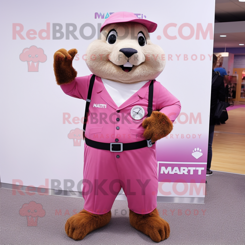 Pink Marmot mascot costume character dressed with a Dress Pants and Watches Pink Marmot mascot costume character dressed with a Dress Pants and Watches