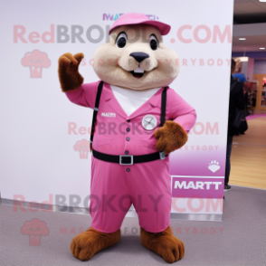 Pink Marmot mascot costume character dressed with a Dress Pants and Watches