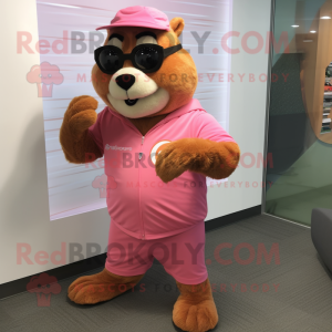 Pink Marmot mascot costume character dressed with a Dress Pants and Watches