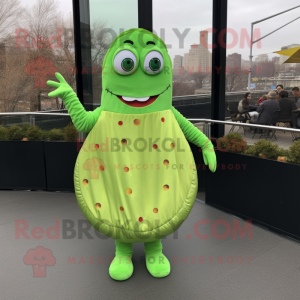 Lime Green Bagels mascot costume character dressed with a Empire Waist Dress and Foot pads