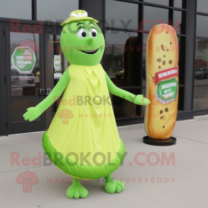 Lime Green Bagels mascot costume character dressed with a Empire Waist Dress and Foot pads