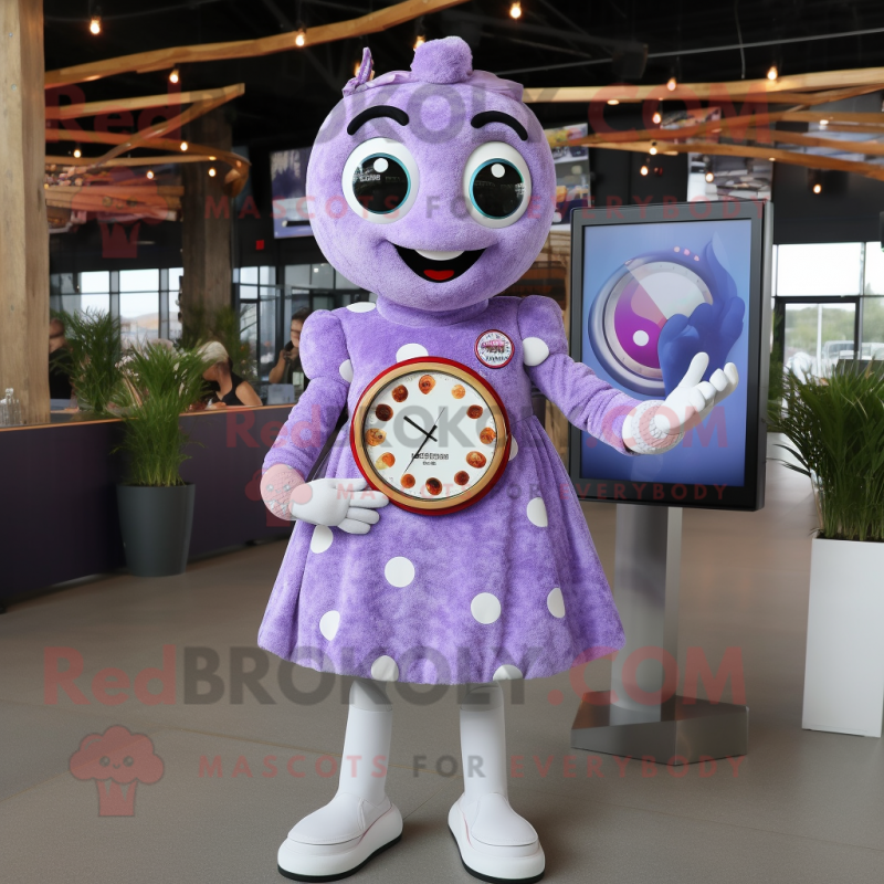Lavender Pizza mascot costume character dressed with a A-Line Skirt and Smartwatches Lavender Pizza mascot costume character dressed with a A-Line Skirt and Smartwatches