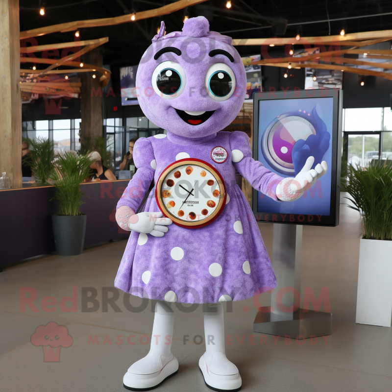 Lavender Pizza mascot costume character dressed with a A-Line Skirt and Smartwatches