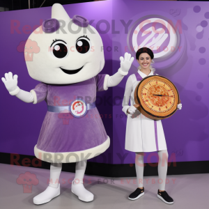 Lavender Pizza mascot costume character dressed with a A-Line Skirt and Smartwatches