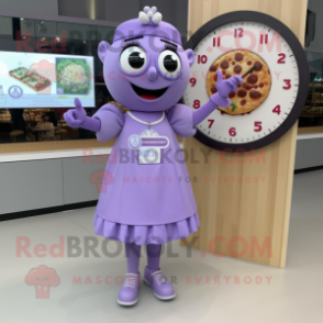 Lavender Pizza mascot costume character dressed with a A-Line Skirt and Smartwatches