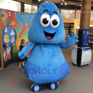 Blue Shakshuka mascot costume character dressed with a A-Line Dress and Backpacks