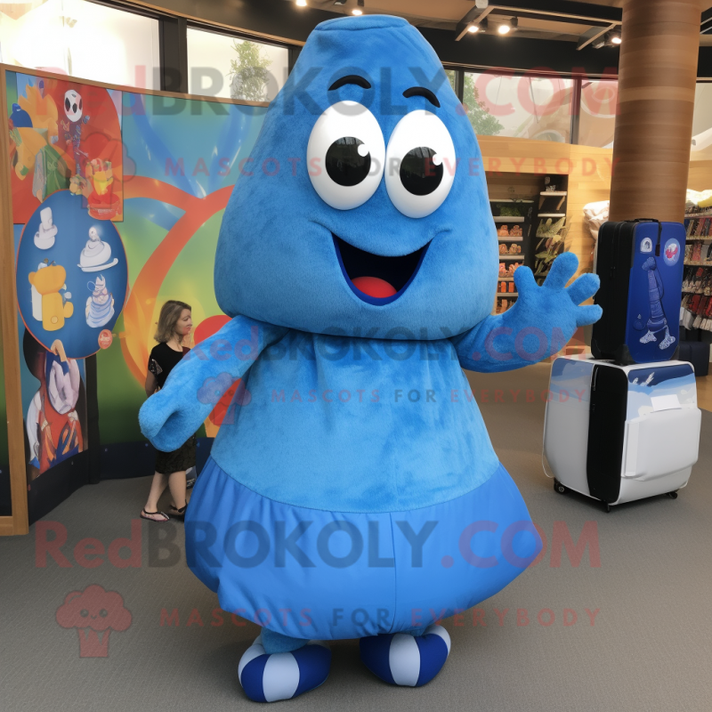 Blue Shakshuka mascot costume character dressed with a A-Line Dress and Backpacks Blue Shakshuka mascot costume character dressed with a A-Line Dress and Backpacks