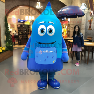 Blue Shakshuka mascot costume character dressed with a A-Line Dress and Backpacks