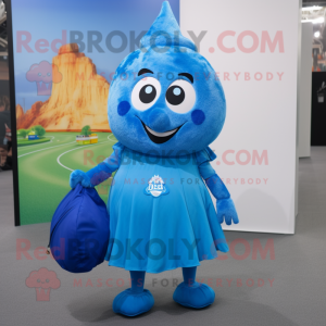 Blue Shakshuka mascot costume character dressed with a A-Line Dress and Backpacks