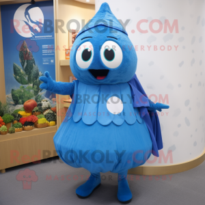 Blue Shakshuka mascot costume character dressed with a A-Line Dress and Backpacks