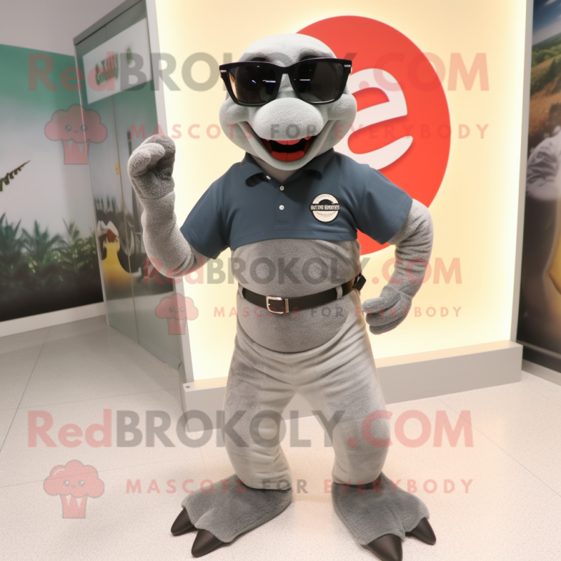 Gray Anaconda mascot costume character dressed with a Henley Shirt and Sunglasses Gray Anaconda mascot costume character dressed with a Henley Shirt and Sunglasses